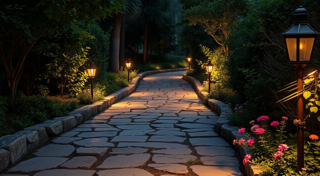 iluminacao-para-caminhos-de-pedra-1024x563 Caminhos de Pedra para Jardim: Beleza e Charme