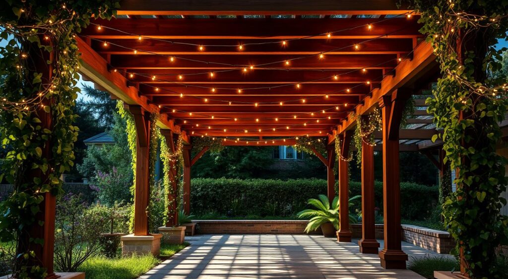 iluminacao-para-pergolado-1024x563 Jardim com Pergolado Simples: Ideias Baratas e Lindas