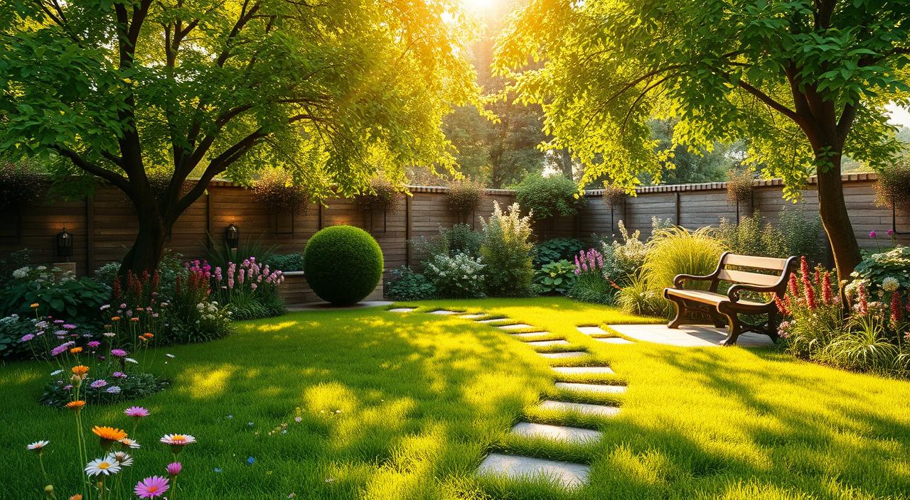jardim pequeno com grama e flores
