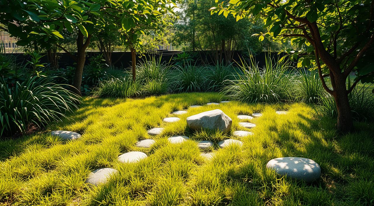 Jardim pequeno com grama e pedras que ficará lindo na sua casa