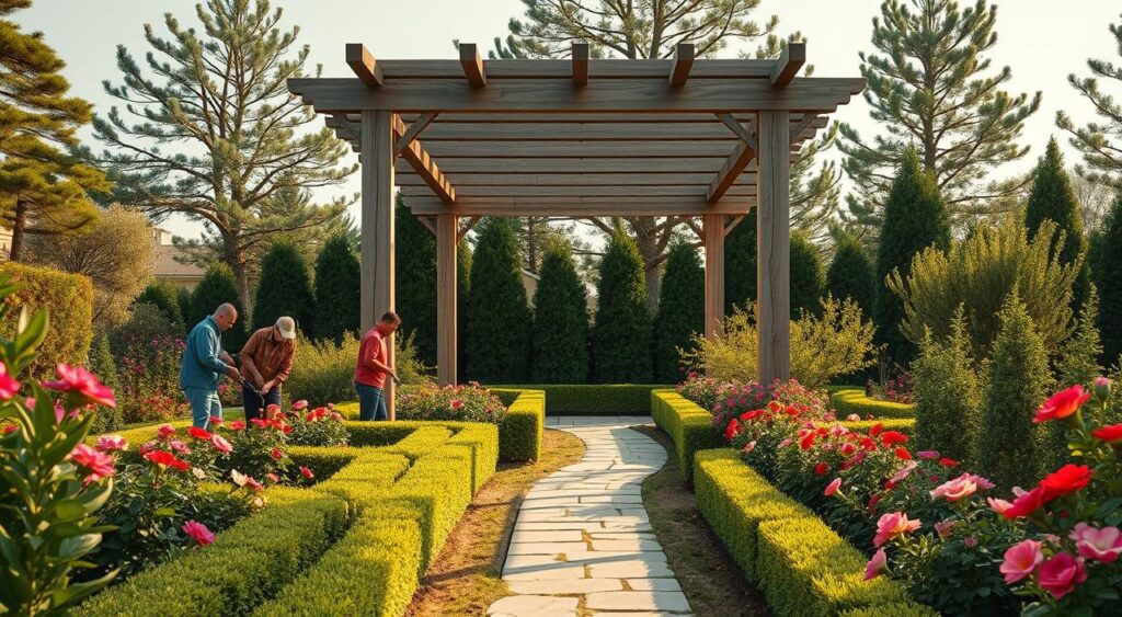 manutencao-de-jardim-com-pergolado-1024x563 Jardim com Pergolado Simples: Ideias Baratas e Lindas