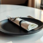 mesa posta com prato preto