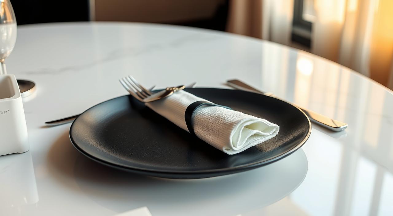 mesa posta com prato preto