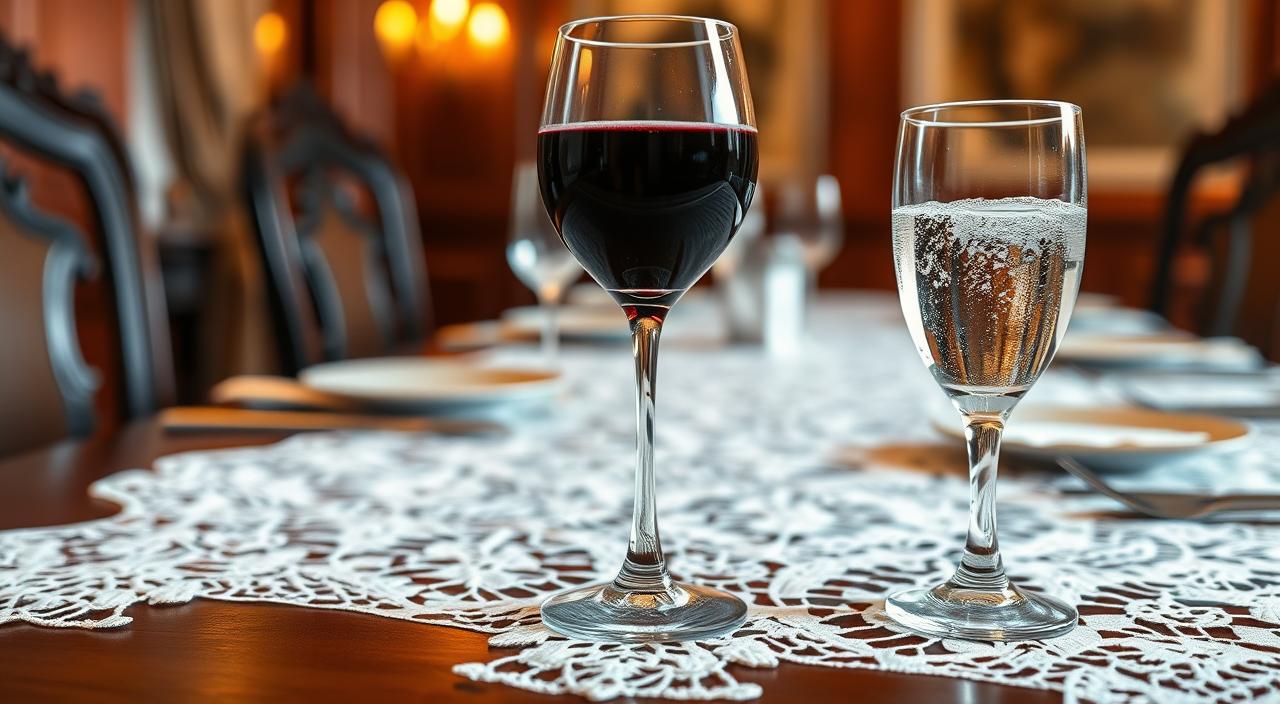 mesa posta taca de vinho e agua
