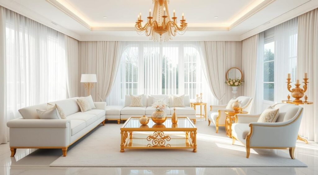 moveis-brancos-e-dourados-1024x563 Decoração de Sala Branco e Dourado é a Tendência pra Você