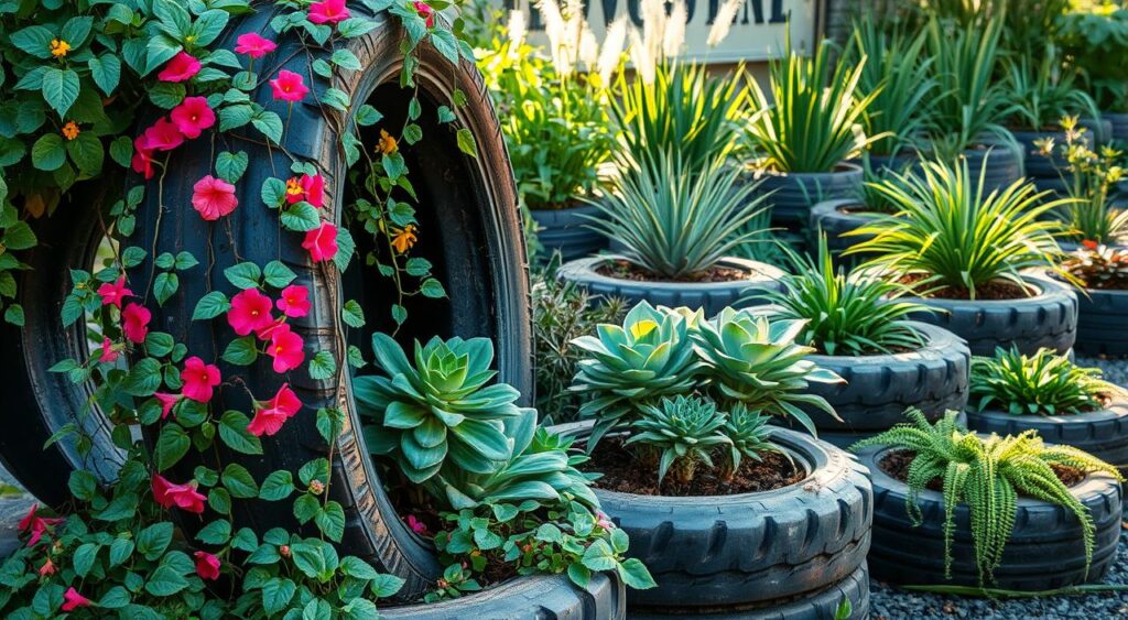 plantas-ideais-para-uso-em-pneus-1024x563 Jardinagem com Pneu: Dicas Criativas e Sustentáveis