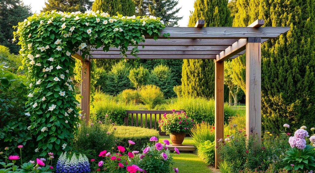 plantas-para-jardim-com-pergolado-1024x563 Jardim com Pergolado Simples: Ideias Baratas e Lindas