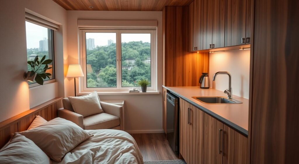 quarto-com-cozinha-compacta-1-1024x563 Quartos com Cozinha: Espaço Pouco e Decoração Encantadora