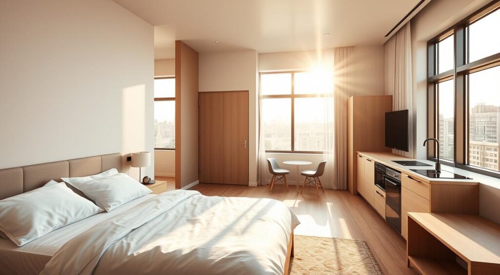 quarto-com-cozinha-compacta-1024x563 Quartos com Cozinha: Espaço Pouco e Decoração Encantadora