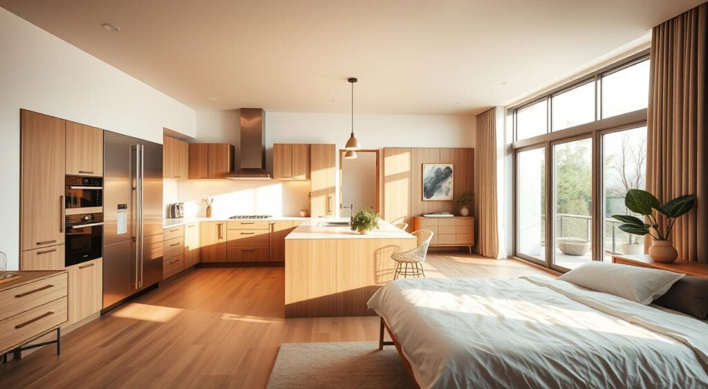 quarto-com-cozinha-completa-1024x563 Quartos com Cozinha: Espaço Pouco e Decoração Encantadora