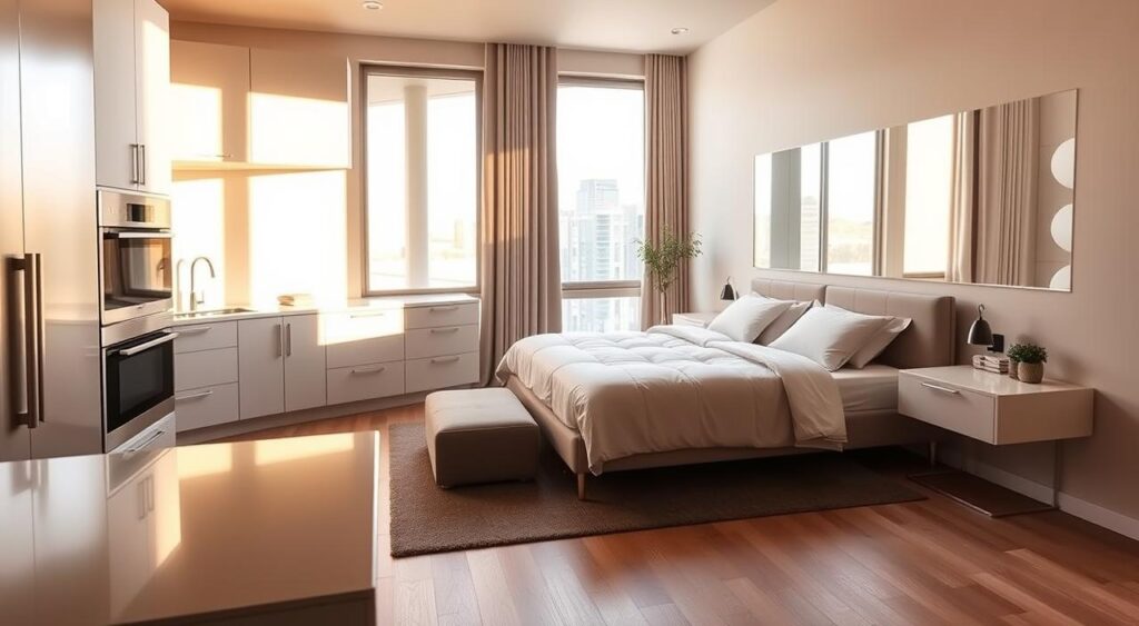 quarto-com-cozinha-moderna-1024x563 Quartos com Cozinha: Espaço Pouco e Decoração Encantadora
