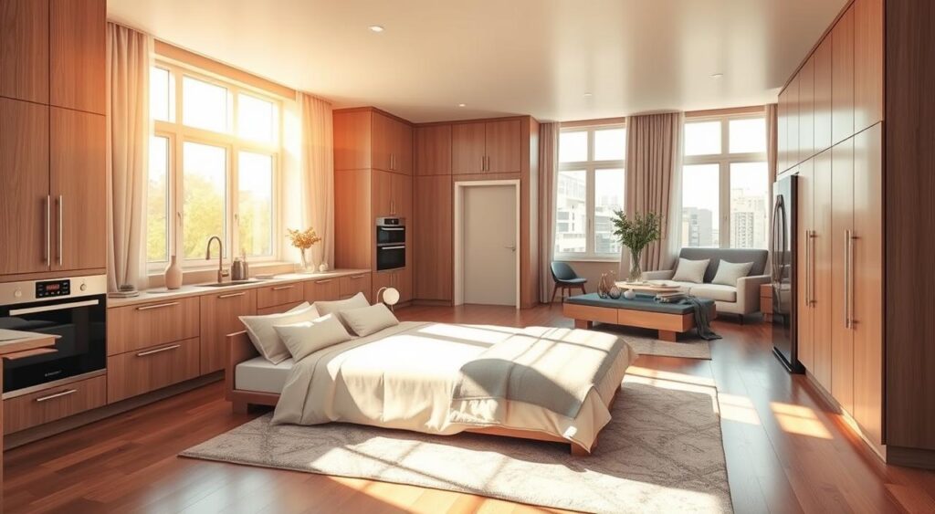 quarto-com-cozinha-planejada-1024x563 Quartos com Cozinha: Espaço Pouco e Decoração Encantadora