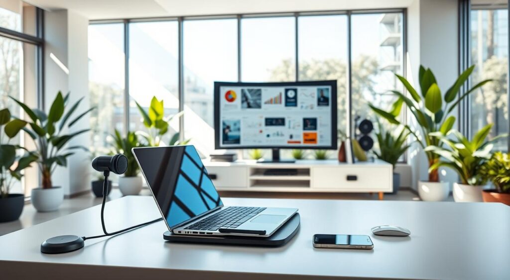 tecnologia-no-escritorio-1024x563 Decoração e Dicas para Sala de Escritório Ideal