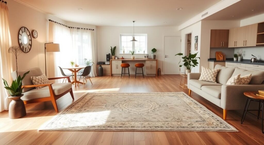 uso-de-tapetes-para-separacao-de-ambientes-1024x563 As Principais Dicas para Integrar Cozinha Pequena com Sala