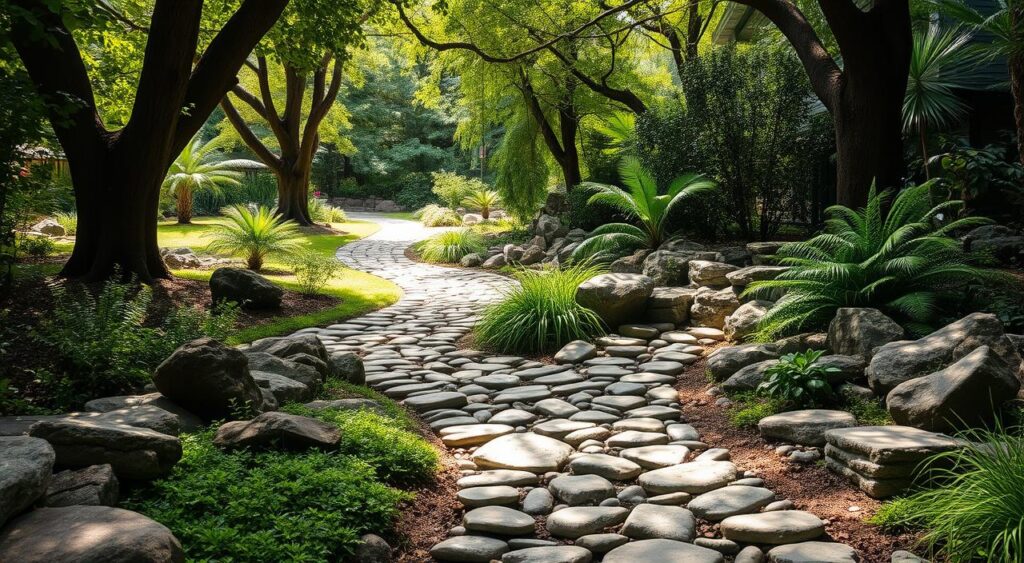 Decoracao-com-pedras-naturais-e-uso-de-plantas-no-caminho-1024x563 Caminho de Pedras na Entrada da Sua Casa com Beleza e Muito Estilo