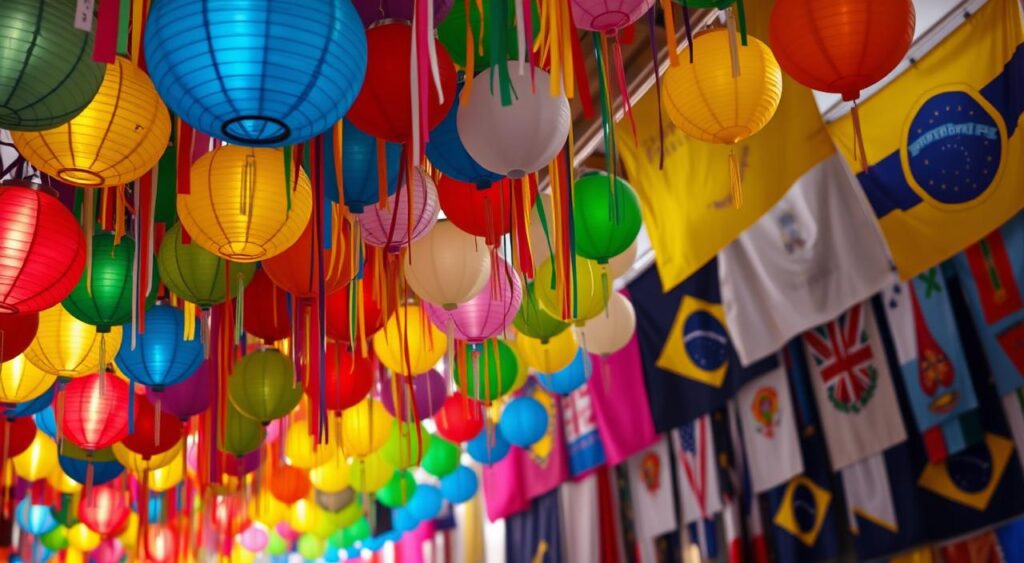 Mix-de-cores-vibrantes-na-decoracao-com-bandeirinhas-e-baloes-1024x563 Decoração de Festa Junina 2025 sem Gastar Muito