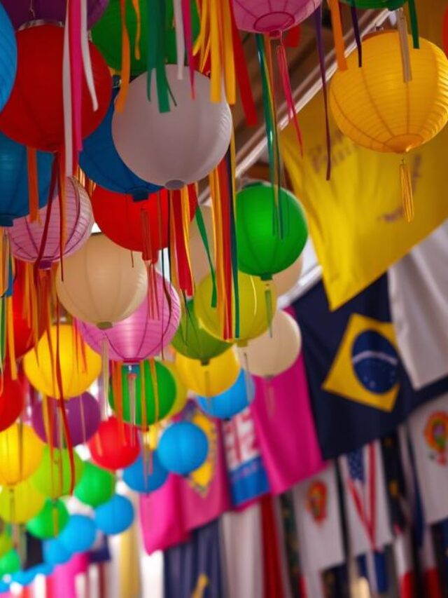 Mix de cores vibrantes na decoração com bandeirinhas e balões
