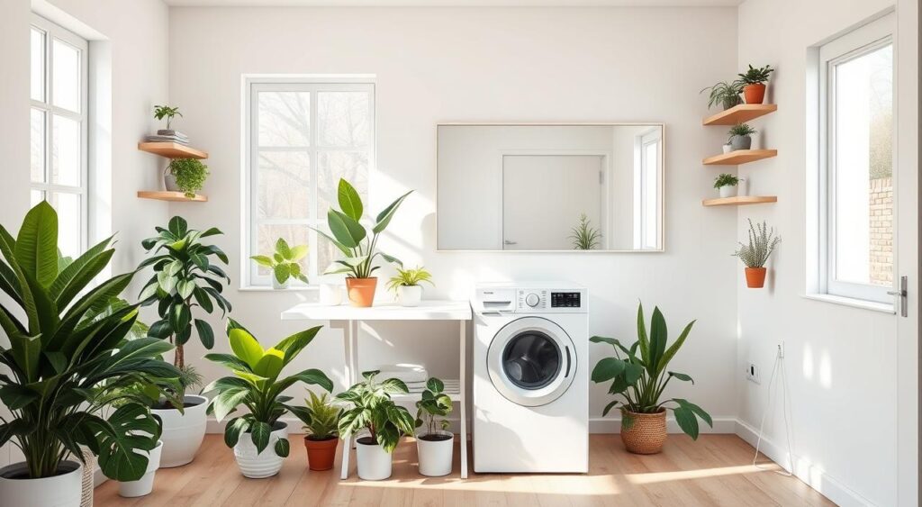 decoracao-lavanderia-com-cores-claras-plantas-e-espelhos-1024x563 5 Itens para lavanderia que deixam ela mais linda e funcional