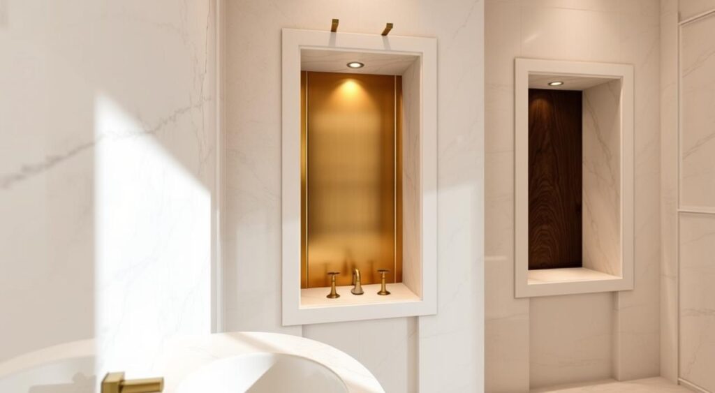 Nichos-Embutidos-em-Materiais-Nobres-1024x563 Banheiros com Nichos Embutidos: 10 Modelos e Estilos que vão te Encantar