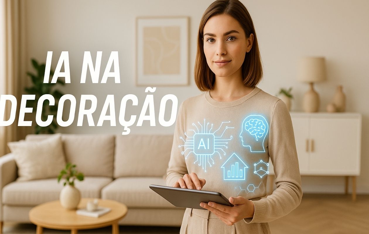 Mulher segurando tablet com ícones de inteligência artificial em uma sala de estar moderna decorada com estilo clean, representando o uso de IA na decoração de interiores.