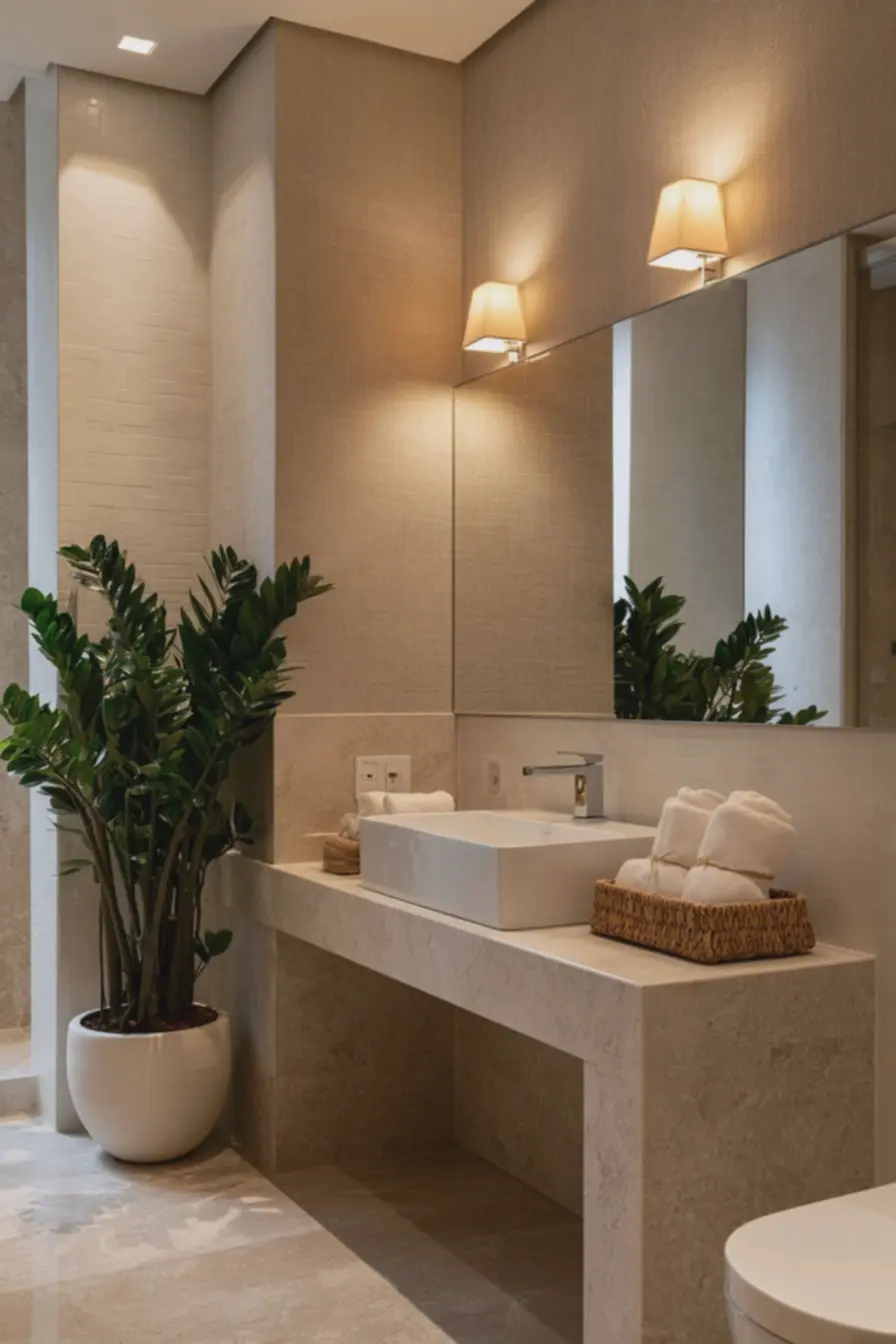 ambiente-aconchegante-em-banheiro-funcional-com-piso-porcelanato-claro-e-luzquente-convidativa 7 toques simples que transformam banheiros comuns em refúgios de conforto e estilo sem gastar muito ambiente-aconchegante-em-banheiro-funcional-com-piso-porcelanato-claro-e-luzquente-convidativa 7 toques simples que transformam banheiros comuns em refúgios de conforto e estilo sem gastar muito