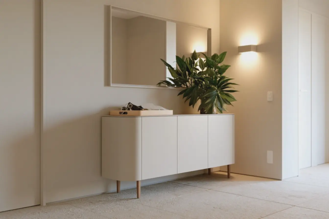 ambiente-funcional-e-acolhedor-com-piso-de-porcelanato-claro-e-parede-bege-naentrada O aparador voltou para a decoração, mas agora ele tem uma função muito mais estratégica ambiente-funcional-e-acolhedor-com-piso-de-porcelanato-claro-e-parede-bege-naentrada O aparador voltou para a decoração, mas agora ele tem uma função muito mais estratégica