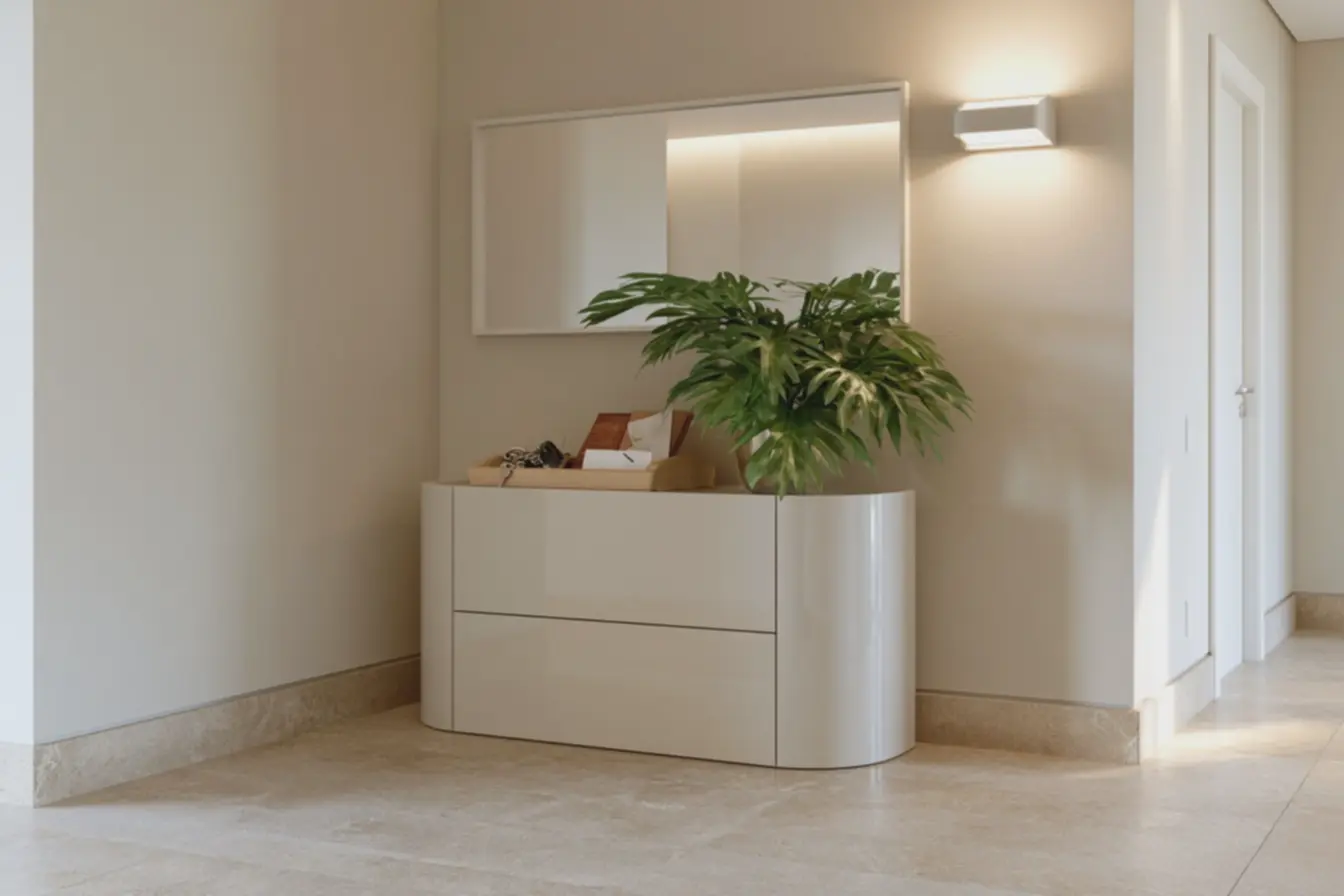 aparador-branco-mdf-arredondado-com-acabamento-acetinado-na-entrada-da-casa O aparador voltou para a decoração, mas agora ele tem uma função muito mais estratégica aparador-branco-mdf-arredondado-com-acabamento-acetinado-na-entrada-da-casa O aparador voltou para a decoração, mas agora ele tem uma função muito mais estratégica