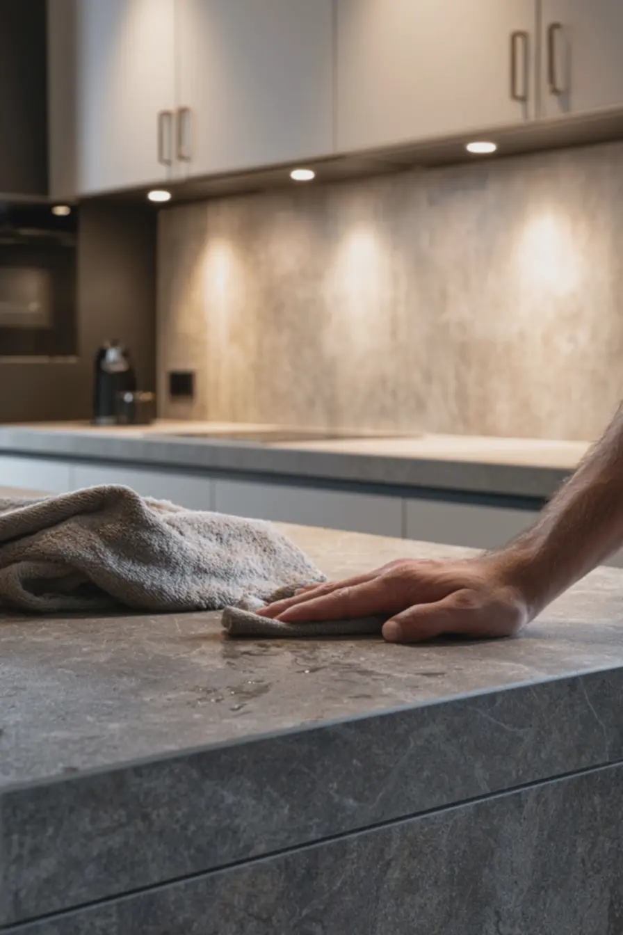 backsplash-em-porcelanato-texturizado-bege-com-relevos-marcados-iluminados-porluz-artificial-direcional A cozinha desse ano quer menos brilho e mais textura, e isso muda tudo no visual backsplash-em-porcelanato-texturizado-bege-com-relevos-marcados-iluminados-porluz-artificial-direcional A cozinha desse ano quer menos brilho e mais textura, e isso muda tudo no visual