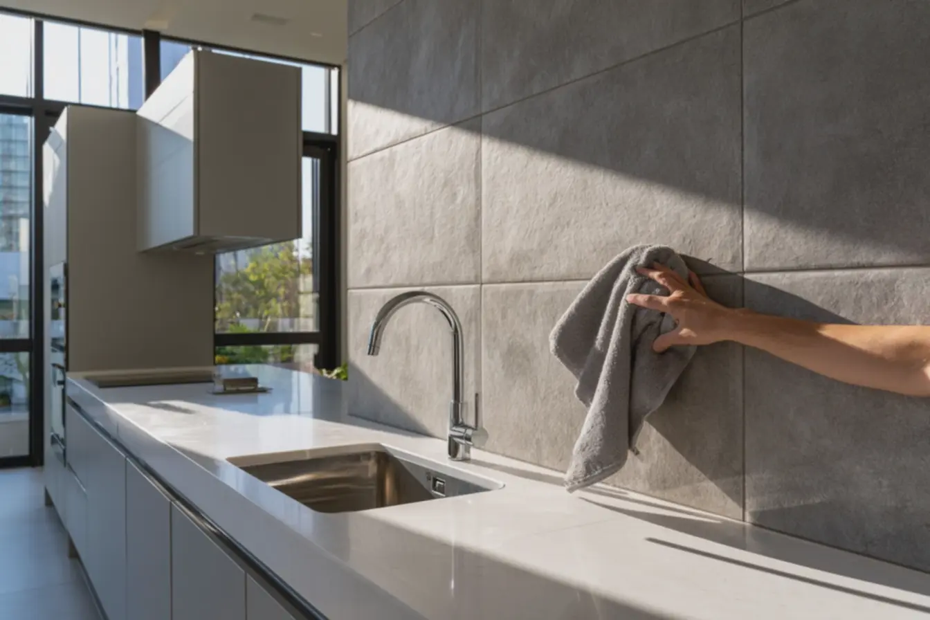 bancada-branca-de-quartzo-em-cozinha-com-parede-revestida-por-porcelanato-cinza Chega de reboco: Agora temos opções melhores em revestimento para parede bancada-branca-de-quartzo-em-cozinha-com-parede-revestida-por-porcelanato-cinza Chega de reboco: Agora temos opções melhores em revestimento para parede