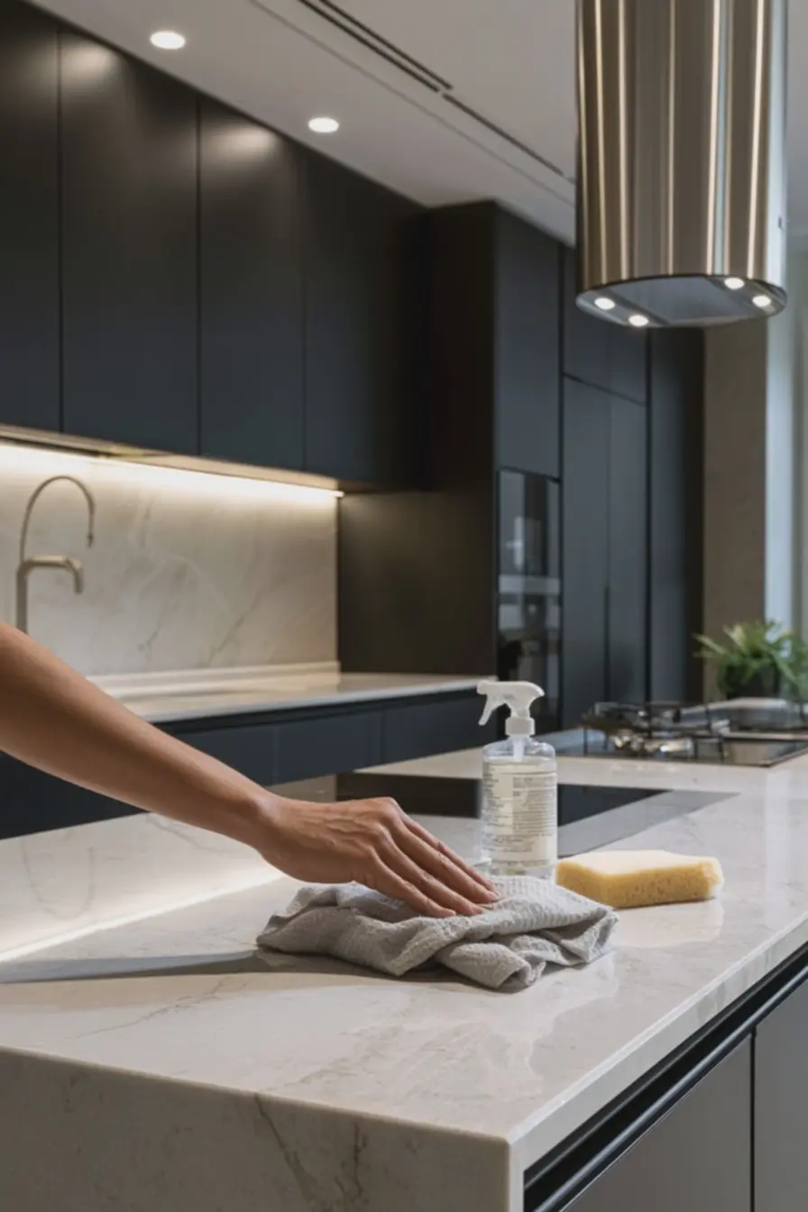 bancada-clara-de-quartzo-branco-limpa-com-pano-microfibra-em-cozinha-comarmarios-preto-fosco-e-iluminacao-spot As cozinhas escuras voltaram, mas não do jeito pesado que muita gente imagina bancada-clara-de-quartzo-branco-limpa-com-pano-microfibra-em-cozinha-comarmarios-preto-fosco-e-iluminacao-spot As cozinhas escuras voltaram, mas não do jeito pesado que muita gente imagina