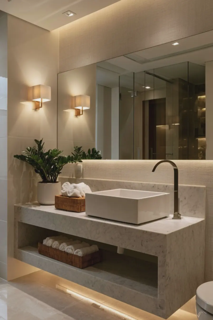 banheiro-pequeno-com-azulejos-brancos-relevo-bege-e-iluminacao-quente-arandelasacima-da-pia 7 toques simples que transformam banheiros comuns em refúgios de conforto e estilo sem gastar muito banheiro-pequeno-com-azulejos-brancos-relevo-bege-e-iluminacao-quente-arandelasacima-da-pia 7 toques simples que transformam banheiros comuns em refúgios de conforto e estilo sem gastar muito