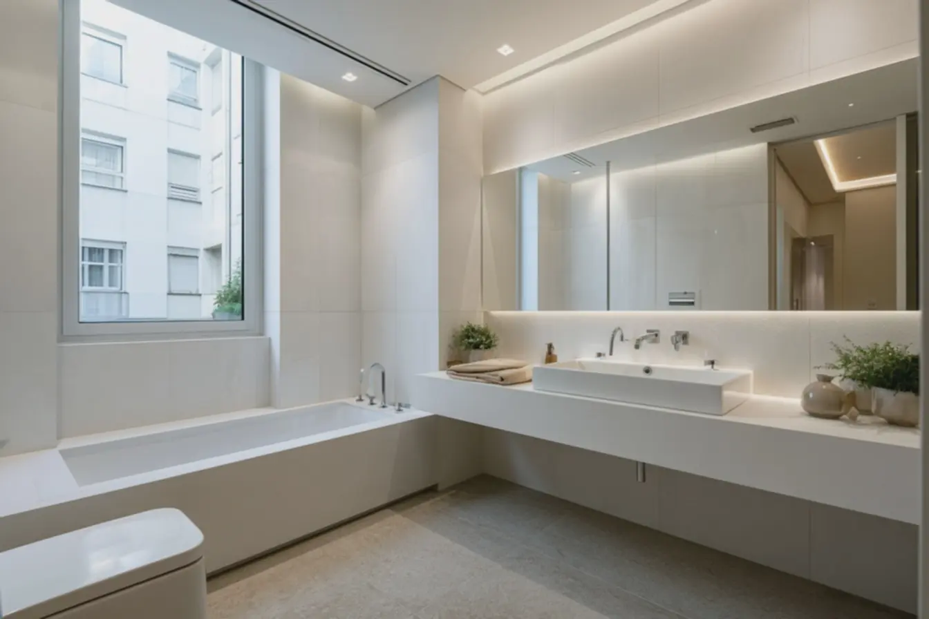banheiro-residencial-com-revestimento-porcelanico-branco-acetinado-luz-naturalbancada-integrada-cuba-de-apoio-metais-cromados Chega de parede lisa: Os novos revestimentos para banheiro chegaram para mudar tudo banheiro-residencial-com-revestimento-porcelanico-branco-acetinado-luz-naturalbancada-integrada-cuba-de-apoio-metais-cromados Chega de parede lisa: Os novos revestimentos para banheiro chegaram para mudar tudo