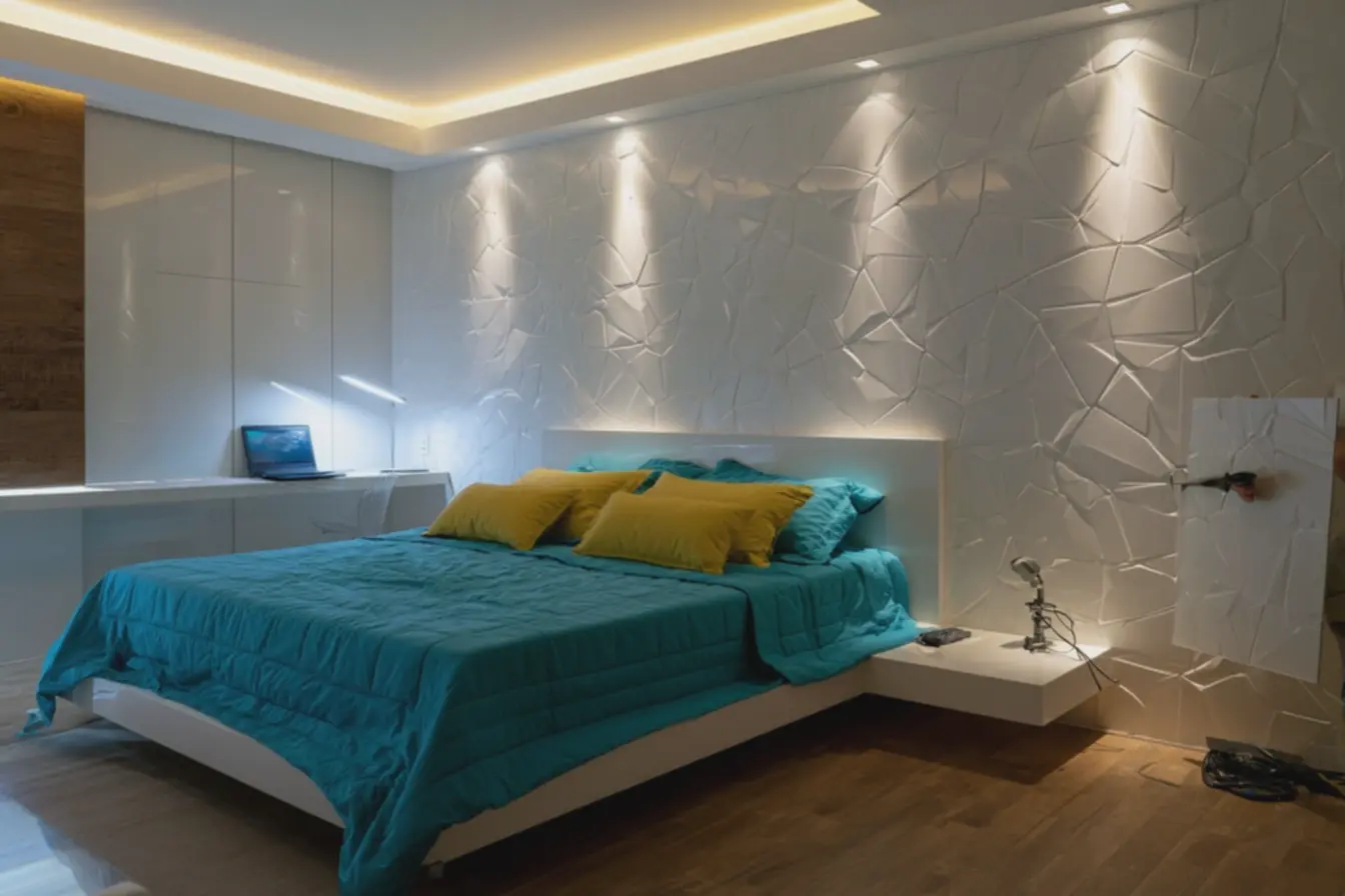 cama-com-roupa-de-cama-colorida-contrastando-com-painel-moderno-branco-laminado Chega de reboco: Agora temos opções melhores em revestimento para parede cama-com-roupa-de-cama-colorida-contrastando-com-painel-moderno-branco-laminado Chega de reboco: Agora temos opções melhores em revestimento para parede
