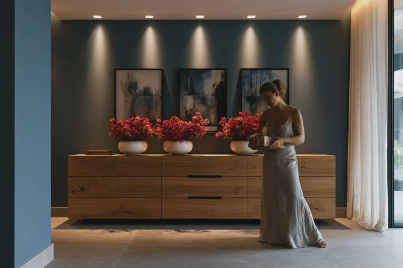 corredor-com-piso-porcelanato-cinza-e-parede-azul-petroleo-combinando-com-comodaelegante Como escolher entre Aparador ou cômoda para decorar seu corredor? corredor-com-piso-porcelanato-cinza-e-parede-azul-petroleo-combinando-com-comodaelegante Como escolher entre Aparador ou cômoda para decorar seu corredor?