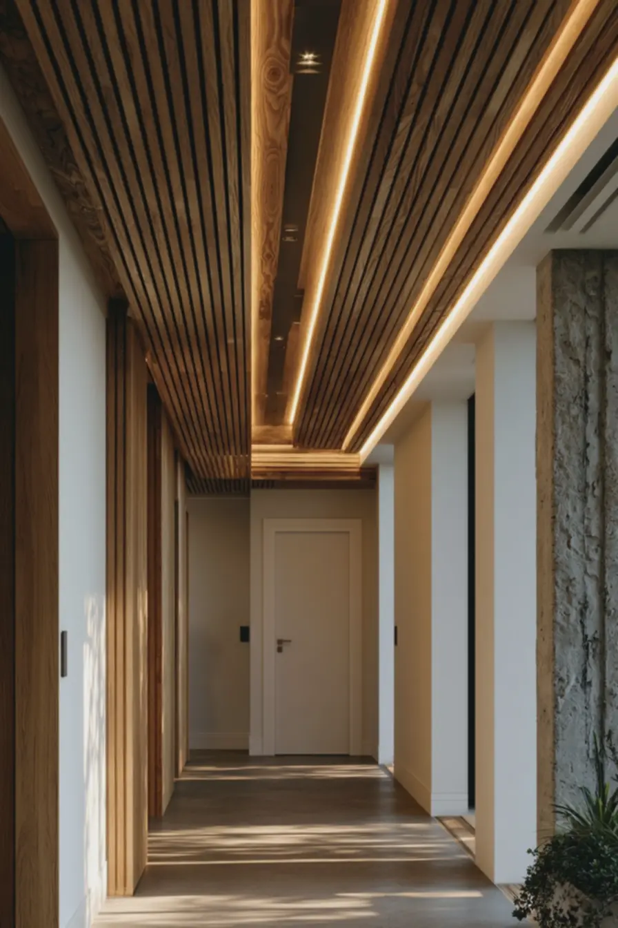 corredor-estreito-com-teto-em-paineis-de-madeira-ripada-claros-e-iluminacao-ledembutida-suave O charme inesperado do teto: ideias que elevam a decoração e renovam qualquer ambiente corredor-estreito-com-teto-em-paineis-de-madeira-ripada-claros-e-iluminacao-ledembutida-suave O charme inesperado do teto: ideias que elevam a decoração e renovam qualquer ambiente