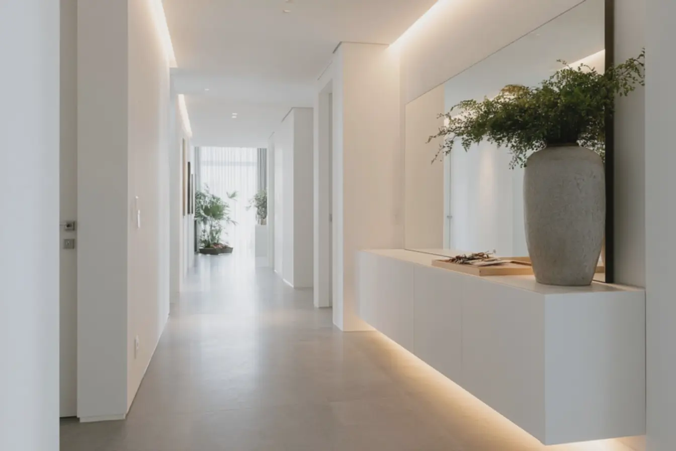 corredor-moderno-com-piso-de-porcelanato-cinza-e-decoracao-clean-que-une-estiloe-funcionalidade-em-espaco-compacto Chega de corredor sem graça: Uma boa decoração no aparador pode ser o que você precisa corredor-moderno-com-piso-de-porcelanato-cinza-e-decoracao-clean-que-une-estiloe-funcionalidade-em-espaco-compacto Chega de corredor sem graça: Uma boa decoração no aparador pode ser o que você precisa