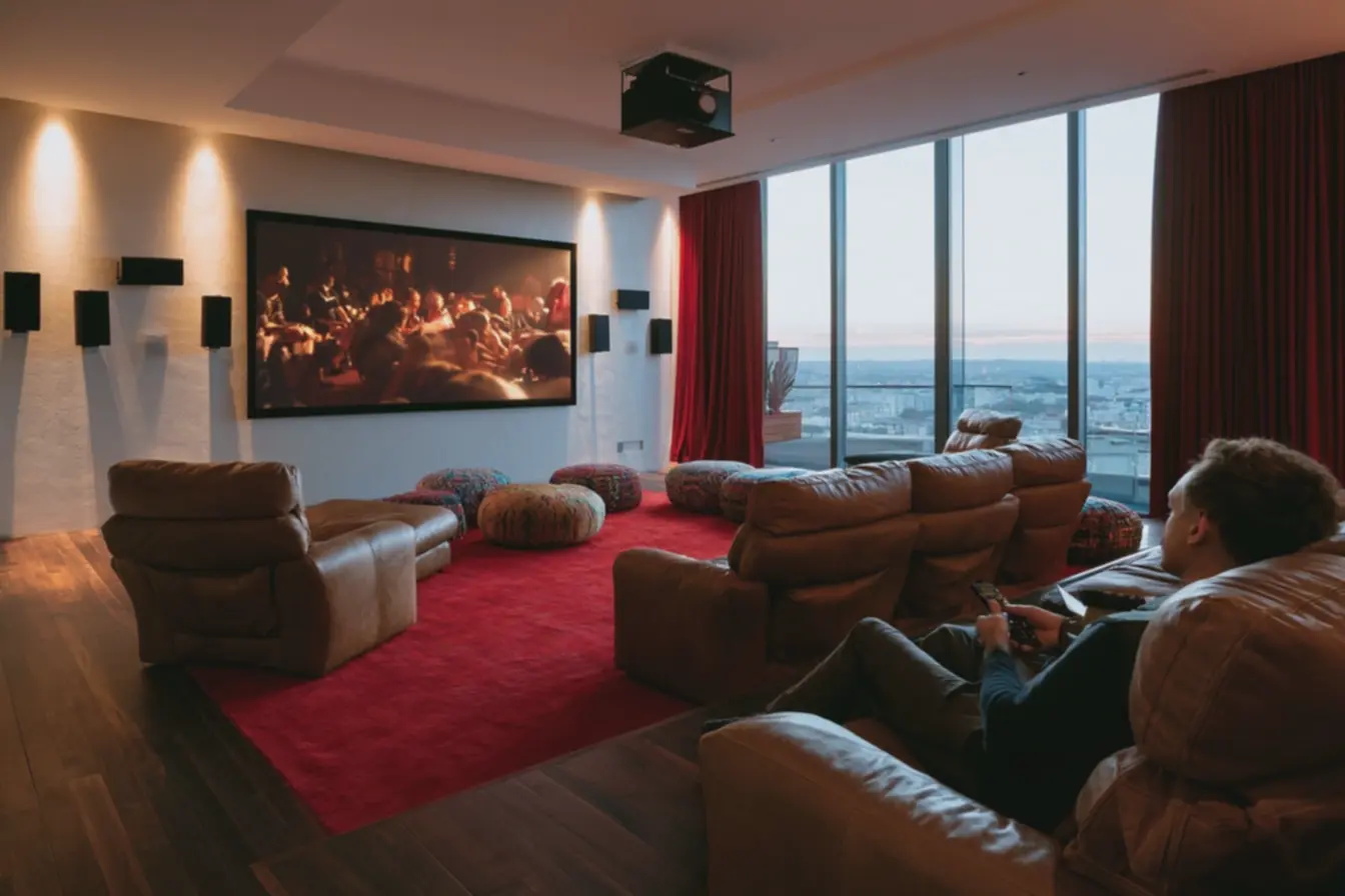 cortinas-blackout-vermelhas-abertas-parcialmente-em-ambiente-multiuso-integradocom-equipamento-de-projetor-em-uso Como criar uma sala de cinema em casa: simples e aconchegante para curtir com a família cortinas-blackout-vermelhas-abertas-parcialmente-em-ambiente-multiuso-integradocom-equipamento-de-projetor-em-uso Como criar uma sala de cinema em casa: simples e aconchegante para curtir com a família