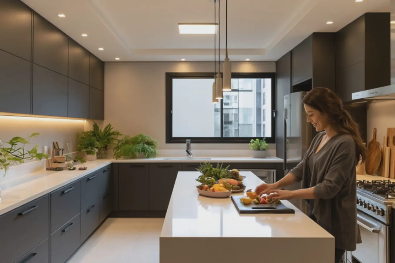 cozinha-residencial-moderna-com-armarios-preto-fosco-e-bancadas-claras-dequartzo-branco-iluminadas-por-luz-natural-e-artificiais As cozinhas escuras voltaram, mas não do jeito pesado que muita gente imagina cozinha-residencial-moderna-com-armarios-preto-fosco-e-bancadas-claras-dequartzo-branco-iluminadas-por-luz-natural-e-artificiais As cozinhas escuras voltaram, mas não do jeito pesado que muita gente imagina