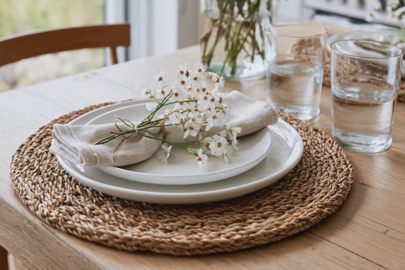 decoracao-de-mesa-organizada-com-guardanapo-de-linho-claro-e-ramo-floralcombinando-para-refeicao-acolhedora O truque das camadas na mesa posta deixa qualquer almoço simples com cara especial decoracao-de-mesa-organizada-com-guardanapo-de-linho-claro-e-ramo-floralcombinando-para-refeicao-acolhedora O truque das camadas na mesa posta deixa qualquer almoço simples com cara especial