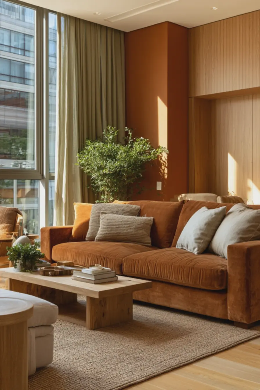 decoracao-harmoniosa-com-cortinas-oliva-claro-painel-de-madeira-clara-e-plantaverde Como os tons terrosos renovam a sensação de aconchego e sofisticação na decoração além do bege tradicional decoracao-harmoniosa-com-cortinas-oliva-claro-painel-de-madeira-clara-e-plantaverde Como os tons terrosos renovam a sensação de aconchego e sofisticação na decoração além do bege tradicional