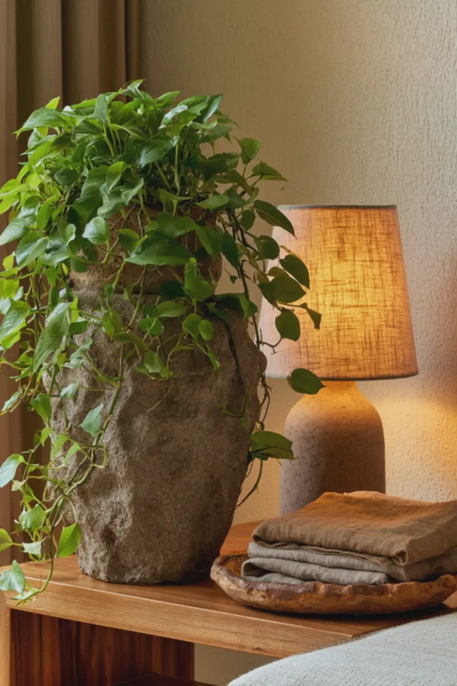 detalhe-de-mesa-lateral-de-madeira-jequitiba-com-vaso-de-ceramica-artesanal-eplanta-jiboia-pendente O estilo japandi continua vivo, mas ficou mais quente, orgânico e menos engessado detalhe-de-mesa-lateral-de-madeira-jequitiba-com-vaso-de-ceramica-artesanal-eplanta-jiboia-pendente O estilo japandi continua vivo, mas ficou mais quente, orgânico e menos engessado