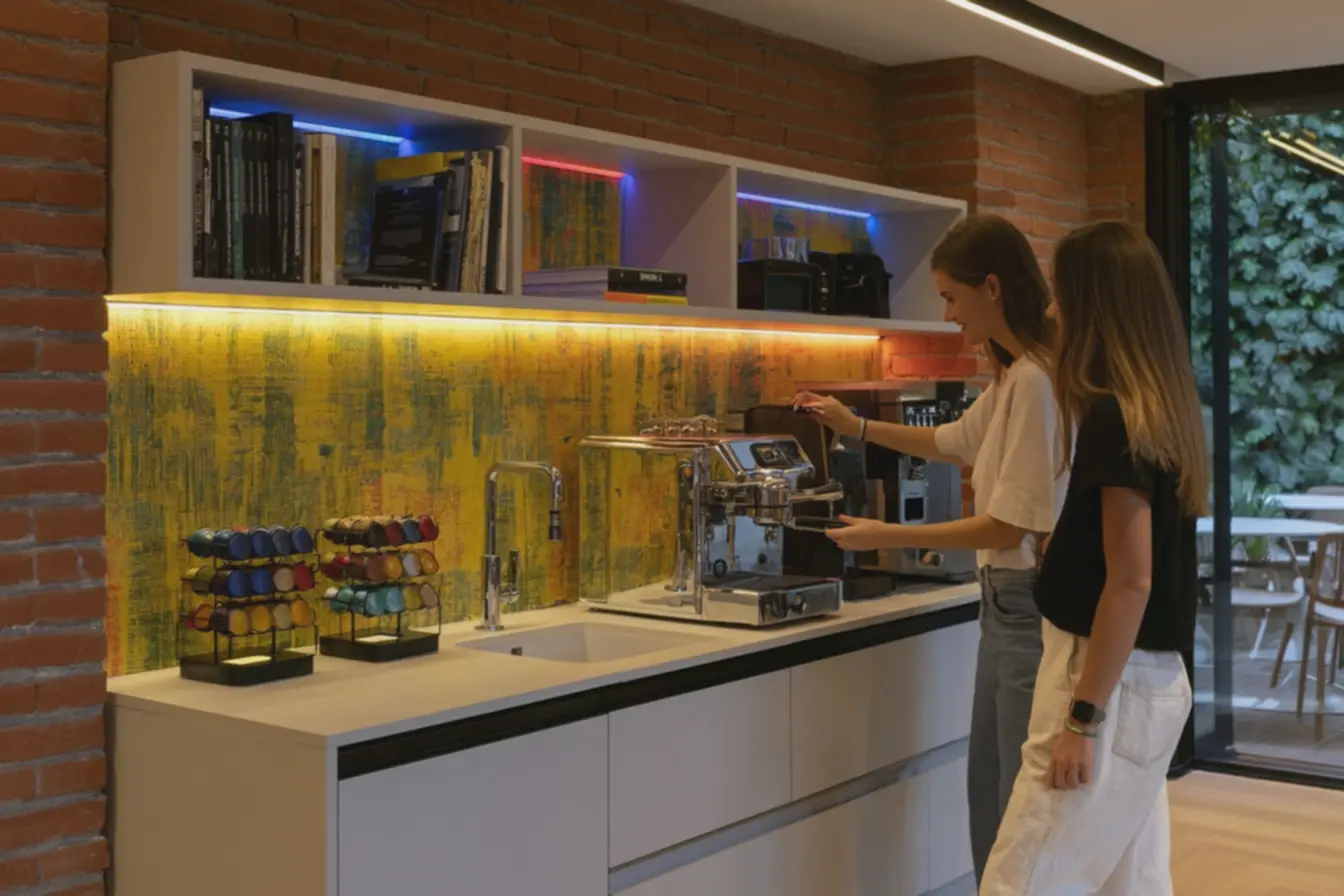 duas-pessoas-preparando-cafe-em-maquina-expresso-inox-com-iluminacao-ledregulavel-azul-e-vermelha O canto do café evoluiu: agora ele precisa ser bonito, prático e integrado à decoração duas-pessoas-preparando-cafe-em-maquina-expresso-inox-com-iluminacao-ledregulavel-azul-e-vermelha O canto do café evoluiu: agora ele precisa ser bonito, prático e integrado à decoração