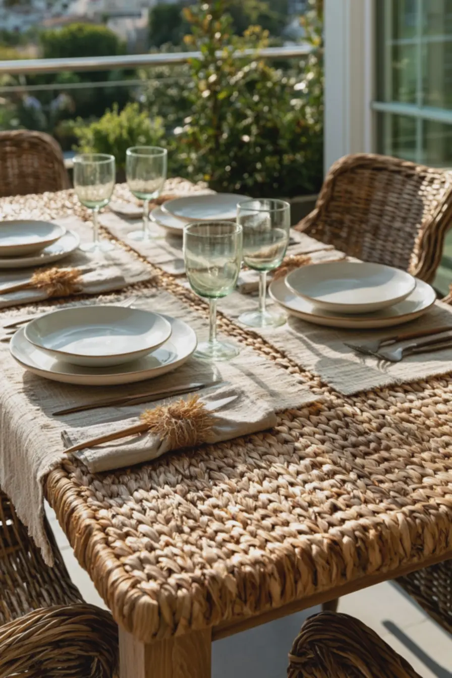 mesa-de-jantar-ao-ar-livre-com-tampo-de-fibras-naturais-entrelacadas-loucas-deporcelana-branca-e-copos-esverdeados-luminosos Como escolher louças e acessórios que realçam o charme natural da mesa de fibras delicadas mesa-de-jantar-ao-ar-livre-com-tampo-de-fibras-naturais-entrelacadas-loucas-deporcelana-branca-e-copos-esverdeados-luminosos Como escolher louças e acessórios que realçam o charme natural da mesa de fibras delicadas