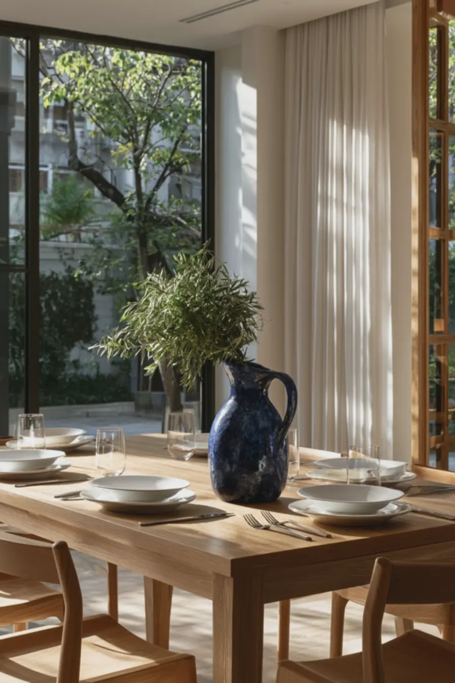 mesa-de-jantar-em-madeira-clara-com-louca-branca-minimalista-e-jarra-azuldecorativa O toque inesperado na decoração da mesa que faz qualquer refeição simples parecer um convite especial mesa-de-jantar-em-madeira-clara-com-louca-branca-minimalista-e-jarra-azuldecorativa O toque inesperado na decoração da mesa que faz qualquer refeição simples parecer um convite especial