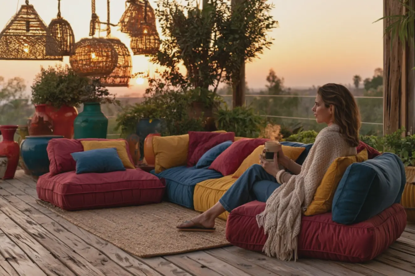 mulher-com-manta-de-trico-confortante-contemplando-por-do-sol-em-varanda-comluminarias-de-vime O segredo da casa acolhedora está nas texturas, não apenas nas cores mulher-com-manta-de-trico-confortante-contemplando-por-do-sol-em-varanda-comluminarias-de-vime O segredo da casa acolhedora está nas texturas, não apenas nas cores