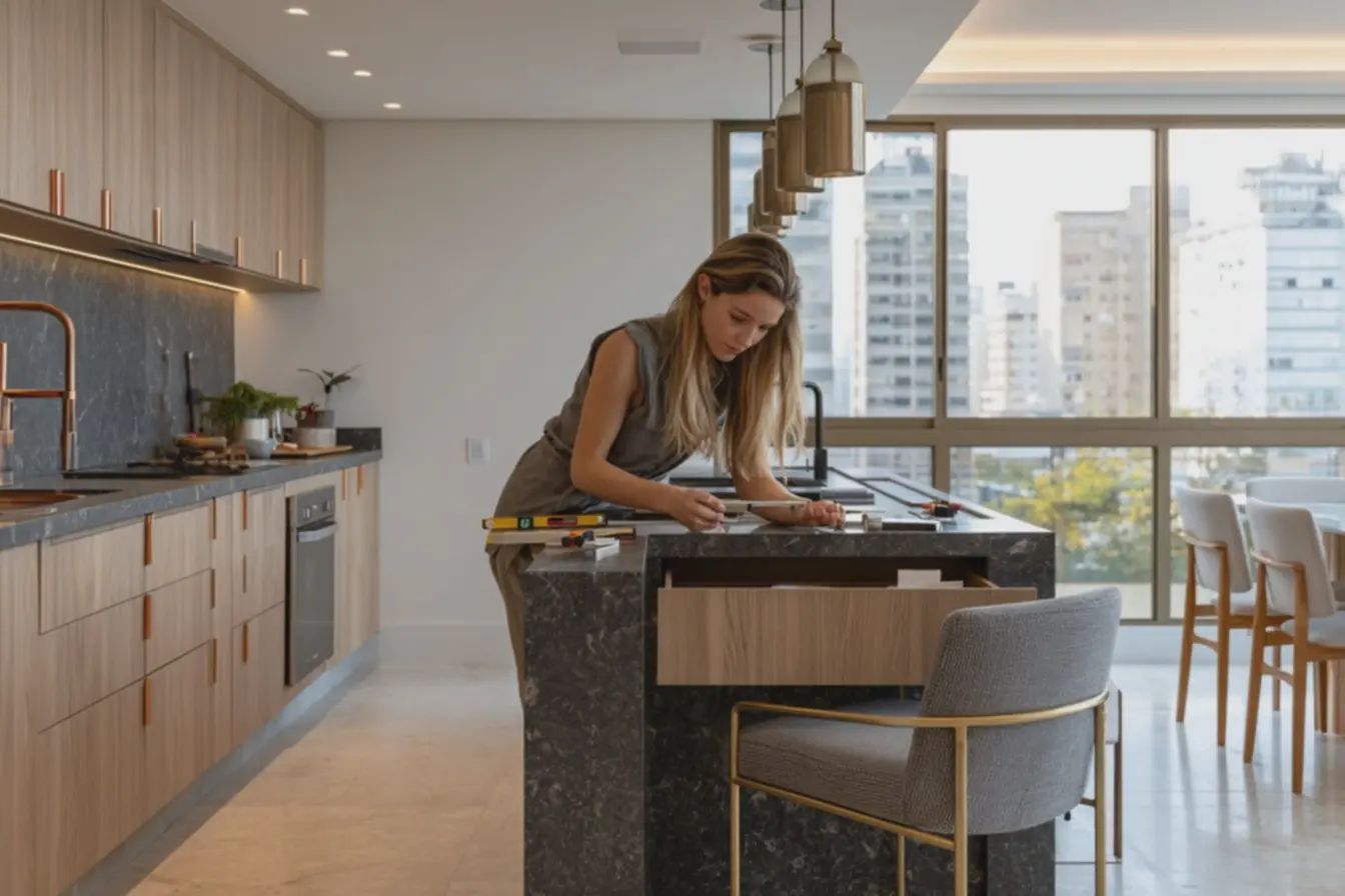 mulher-instalando-puxador-de-aco-inox-escovado-em-gaveta-com-ferramentasorganizadas Decoração atemporal: o detalhe simples que muda tudo no seu ambiente mulher-instalando-puxador-de-aco-inox-escovado-em-gaveta-com-ferramentasorganizadas Decoração atemporal: o detalhe simples que muda tudo no seu ambiente
