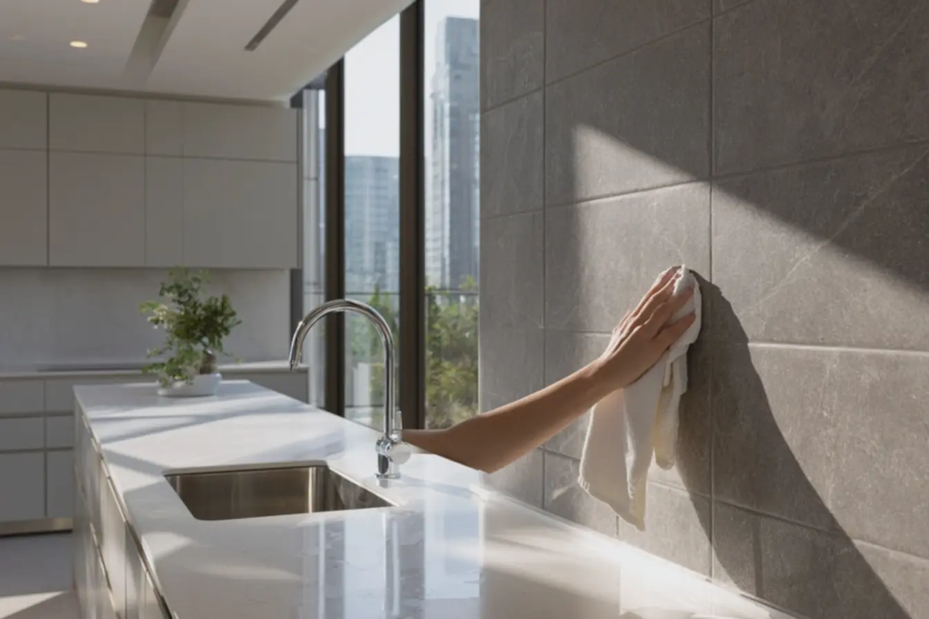 parede-de-cozinha-revestida-com-porcelanato-grande-formato-cinza-acetinado Chega de reboco: Agora temos opções melhores em revestimento para parede parede-de-cozinha-revestida-com-porcelanato-grande-formato-cinza-acetinado Chega de reboco: Agora temos opções melhores em revestimento para parede