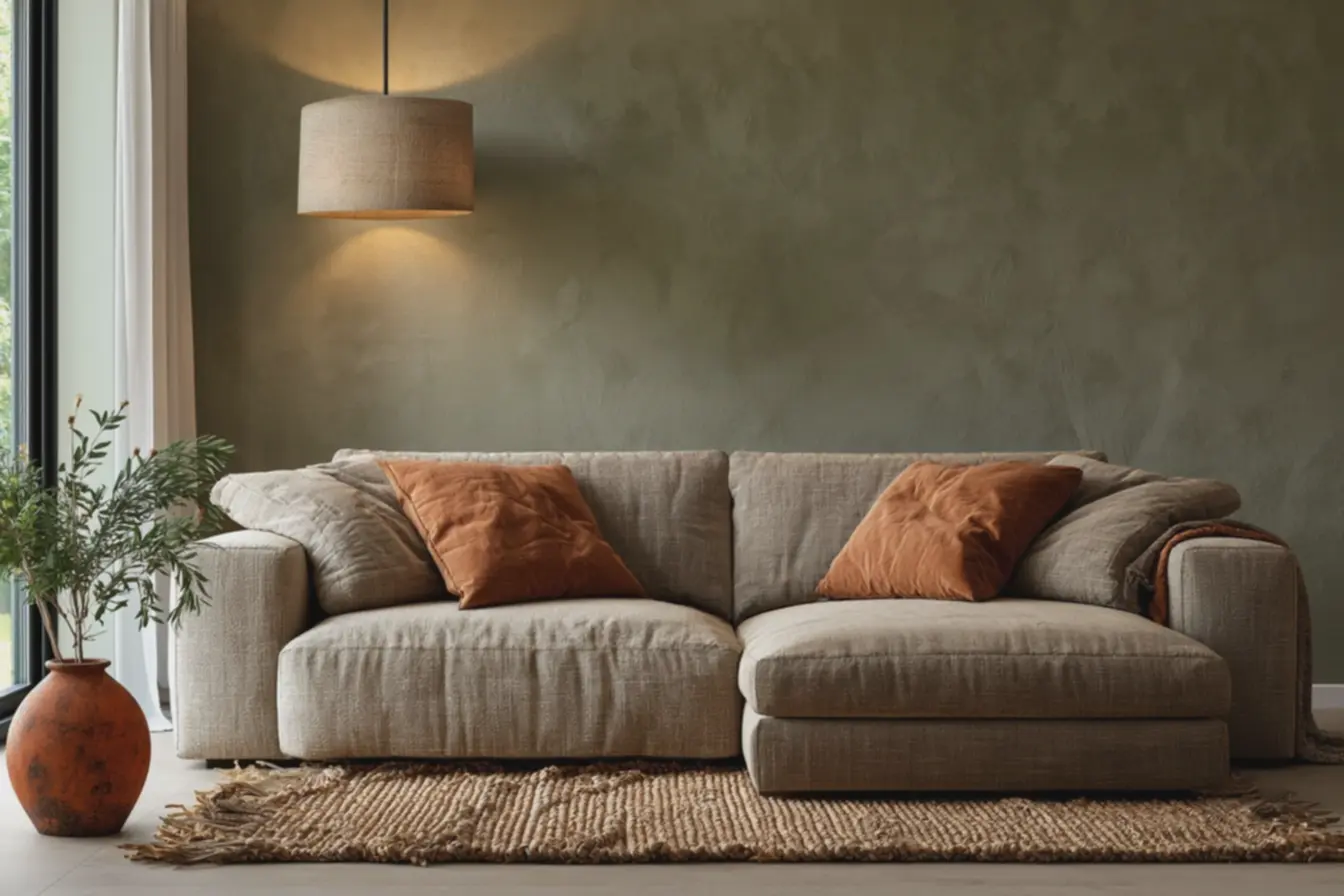 parede-verde-oliva-suave-com-textura-fosca-iluminada-por-luminaria-com-cupula-detecido-bege O calor das cores naturais que está deixando os ambientes minimalistas muito mais acolhedores e vivos parede-verde-oliva-suave-com-textura-fosca-iluminada-por-luminaria-com-cupula-detecido-bege O calor das cores naturais que está deixando os ambientes minimalistas muito mais acolhedores e vivos