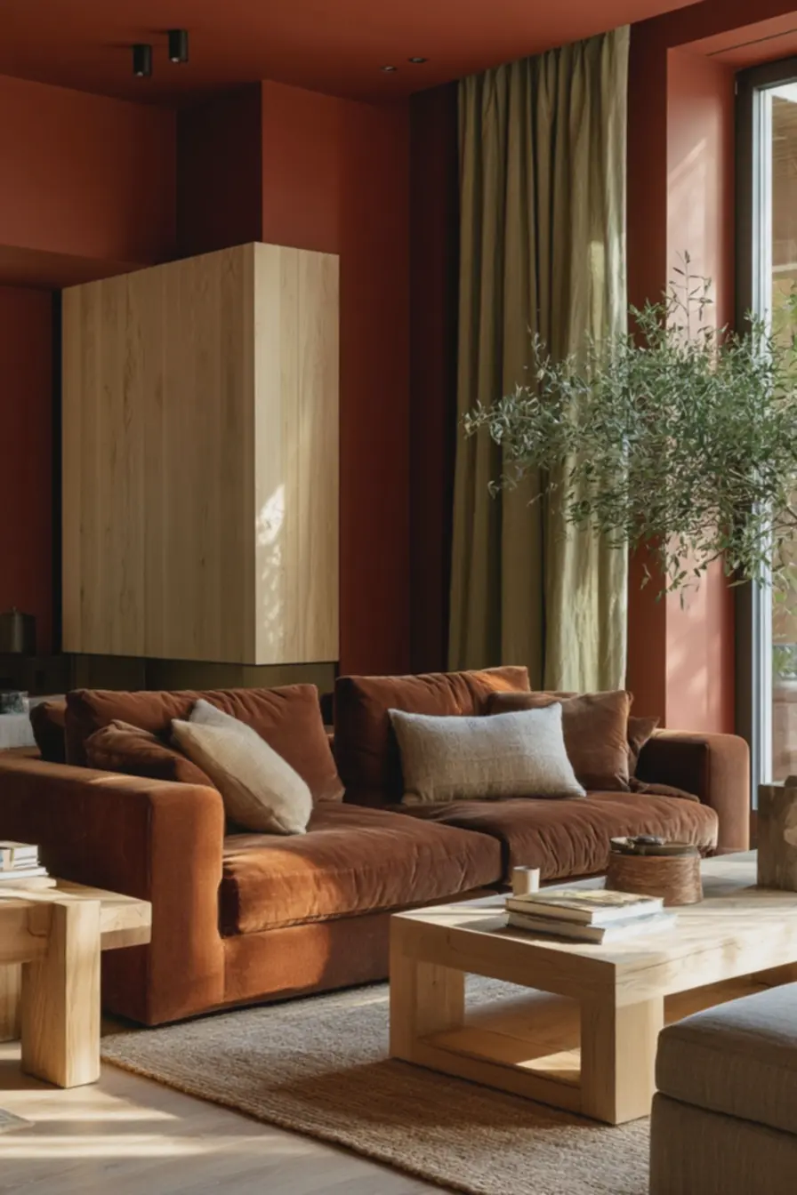 paredes-terracota-fosco-e-sofa-de-veludo-cacau-com-almofadas-de-linho-naturalpara-aconchego Como os tons terrosos renovam a sensação de aconchego e sofisticação na decoração além do bege tradicional paredes-terracota-fosco-e-sofa-de-veludo-cacau-com-almofadas-de-linho-naturalpara-aconchego Como os tons terrosos renovam a sensação de aconchego e sofisticação na decoração além do bege tradicional