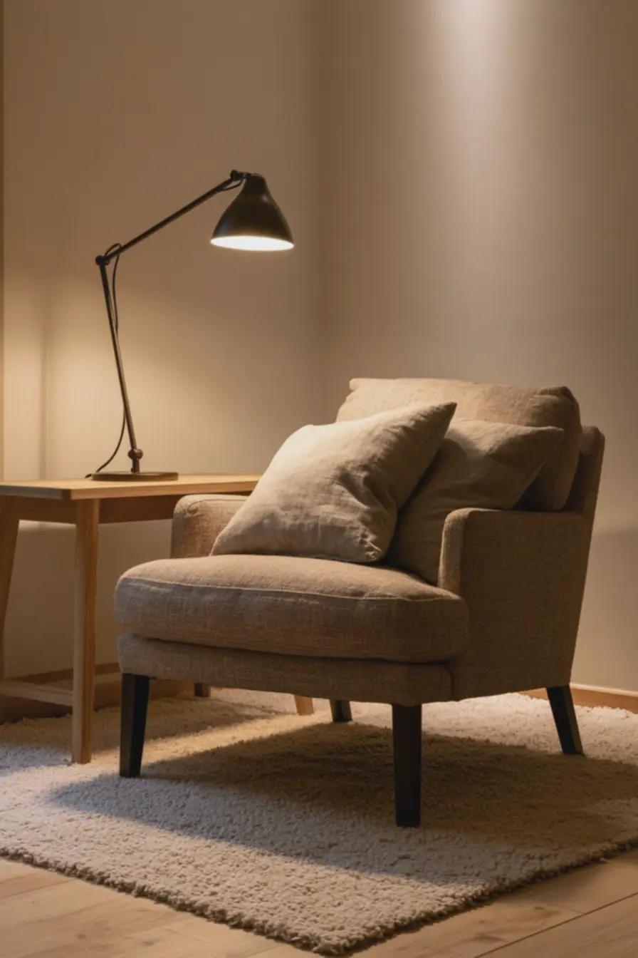 poltrona-estofada-bege-com-almofadas-de-linho-em-ambiente-com-iluminacao-suave 7 acessórios surpreendentes que elevam o conforto da sua casa sem complicar a rotina diária poltrona-estofada-bege-com-almofadas-de-linho-em-ambiente-com-iluminacao-suave 7 acessórios surpreendentes que elevam o conforto da sua casa sem complicar a rotina diária